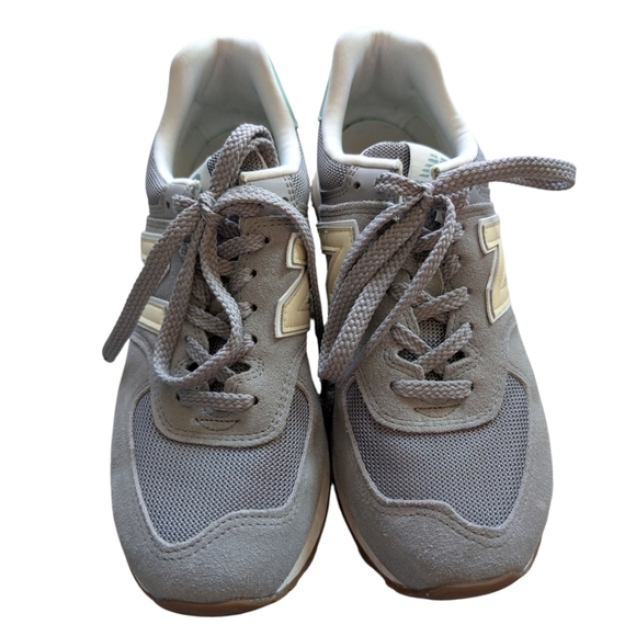 New Balance 574 Classic Sneakers Running Active Gym Women 9.5 Gray Yellow Suede - Picture 4 of 13